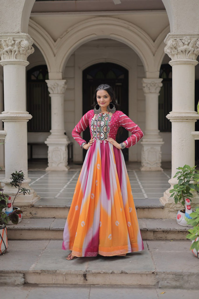 Pink Faux Georgette Bandhej Print Gown with Gamthi Embroidery & Mirror Work ClothsVilla