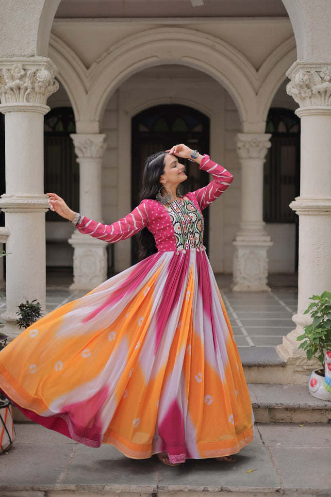 Pink Faux Georgette Bandhej Print Gown with Gamthi Embroidery & Mirror Work ClothsVilla