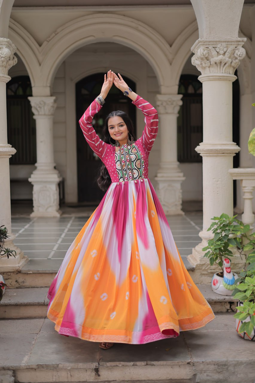 Pink Faux Georgette Bandhej Print Gown with Gamthi Embroidery & Mirror Work ClothsVilla