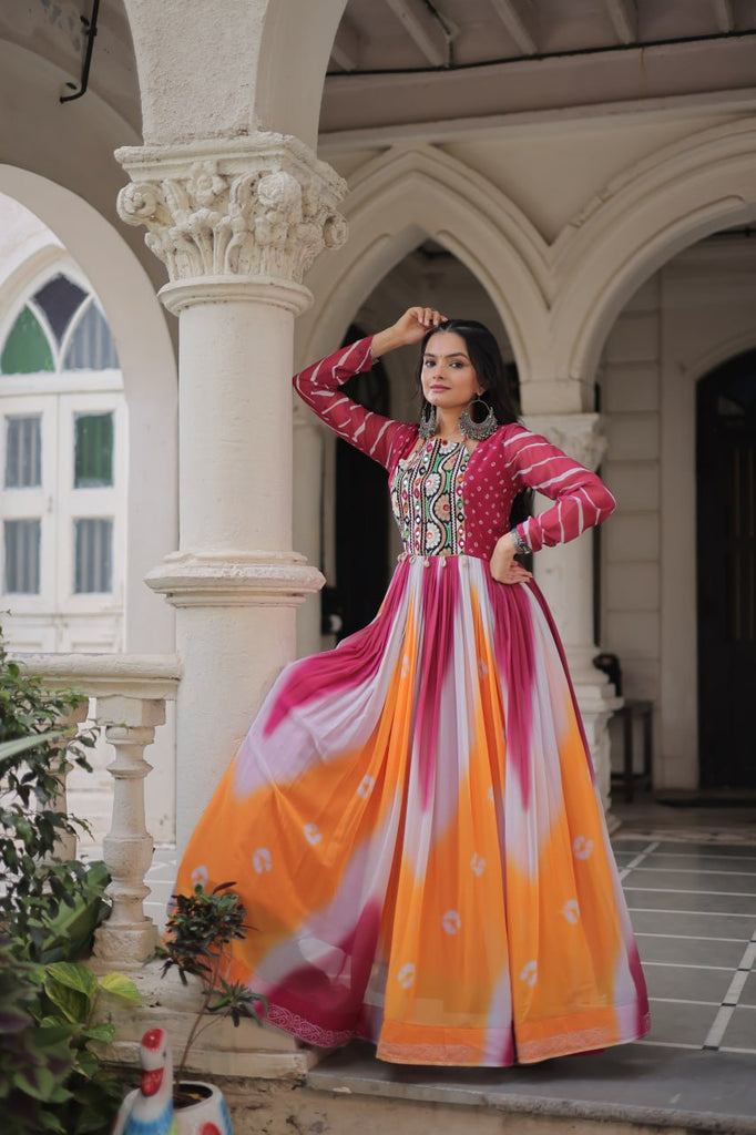 Pink Faux Georgette Bandhej Print Gown with Gamthi Embroidery & Mirror Work ClothsVilla