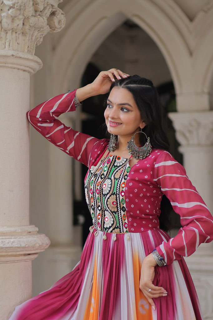 Pink Faux Georgette Bandhej Print Gown with Gamthi Embroidery & Mirror Work ClothsVilla