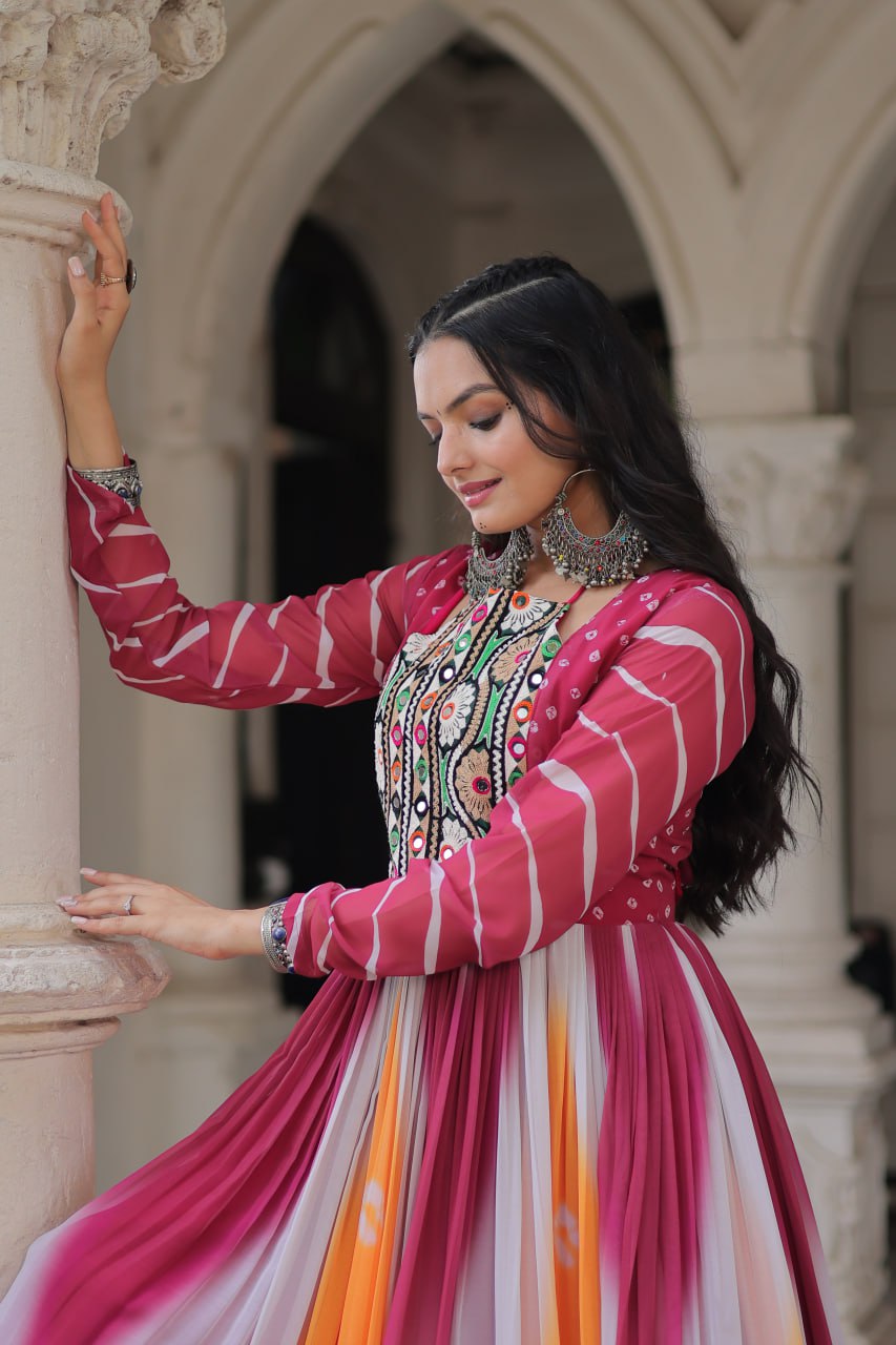Pink Faux Georgette Bandhej Print Gown with Gamthi Embroidery & Mirror Work ClothsVilla