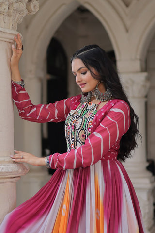 Pink Faux Georgette Bandhej Print Gown with Gamthi Embroidery & Mirror Work ClothsVilla