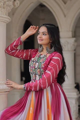 Pink Faux Georgette Bandhej Print Gown with Gamthi Embroidery & Mirror Work ClothsVilla