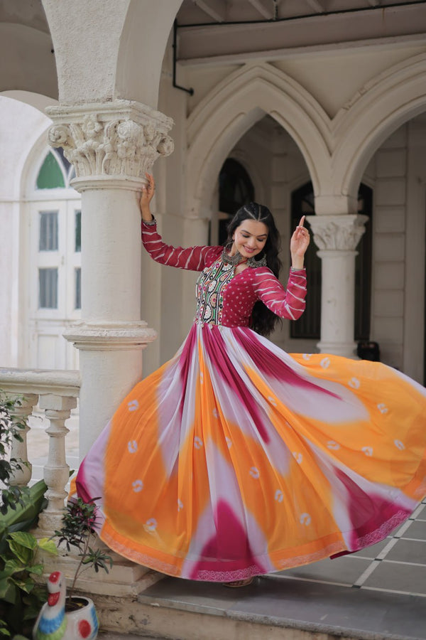 Pink Faux Georgette Bandhej Print Gown with Gamthi Embroidery & Mirror Work ClothsVilla