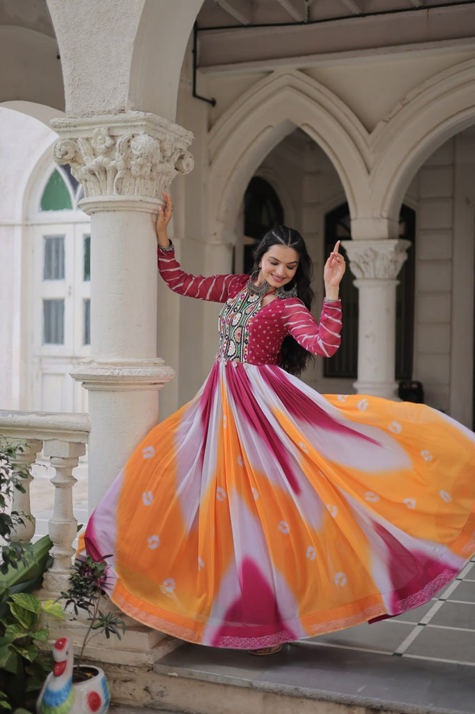 Pink Faux Georgette Bandhej Print Gown with Gamthi Embroidery & Mirror Work ClothsVilla