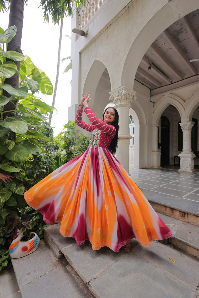 Pink Faux Georgette Bandhej Print Gown with Gamthi Embroidery & Mirror Work ClothsVilla