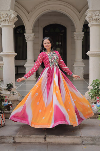 Pink Faux Georgette Bandhej Print Gown with Gamthi Embroidery & Mirror Work ClothsVilla