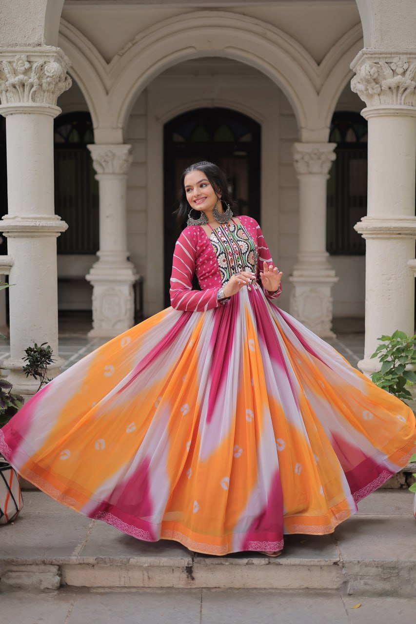 Pink Faux Georgette Bandhej Print Gown with Gamthi Embroidery & Mirror Work ClothsVilla