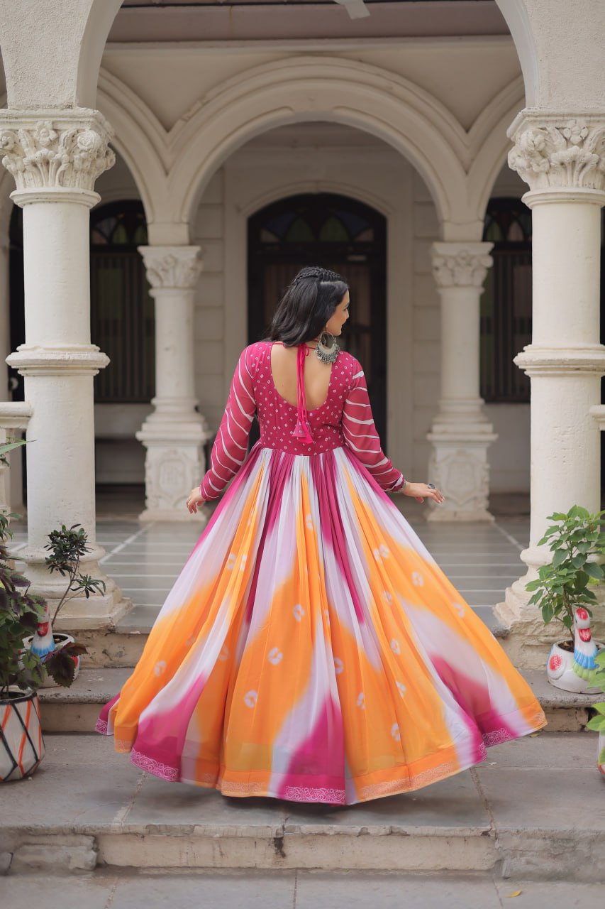 Pink Faux Georgette Bandhej Print Gown with Gamthi Embroidery & Mirror Work ClothsVilla