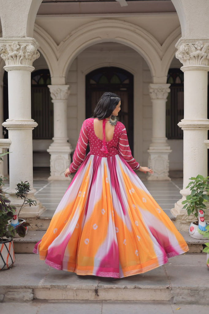 Pink Faux Georgette Bandhej Print Gown with Gamthi Embroidery & Mirror Work ClothsVilla