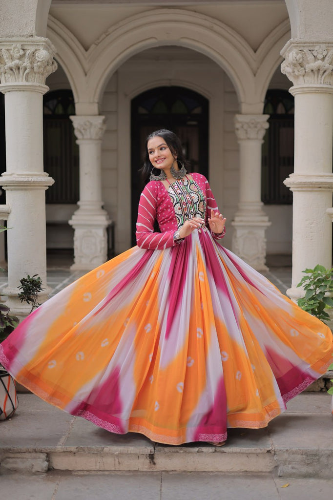 Pink Faux Georgette Bandhej Print Gown with Gamthi Embroidery & Mirror Work ClothsVilla