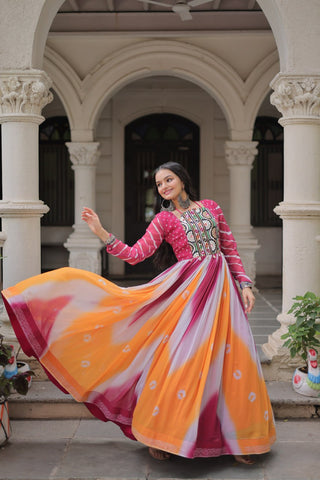 Pink Faux Georgette Bandhej Print Gown with Gamthi Embroidery & Mirror Work ClothsVilla