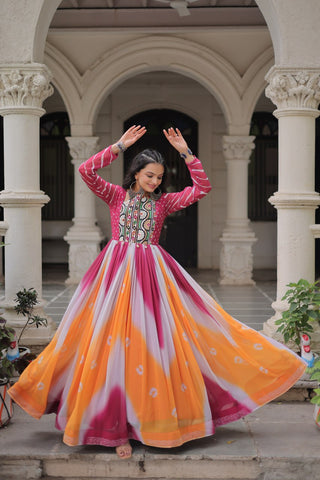 Pink Faux Georgette Bandhej Print Gown with Gamthi Embroidery & Mirror Work ClothsVilla