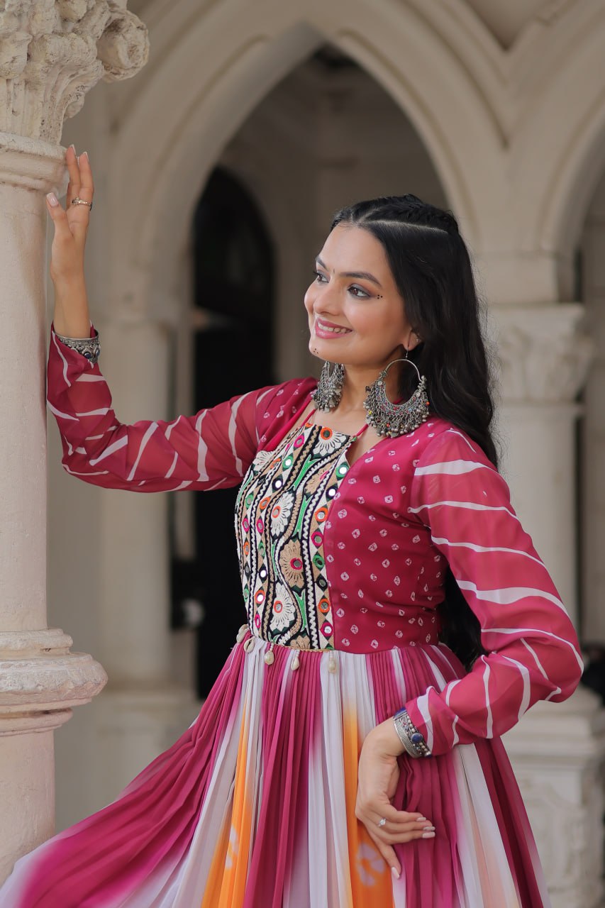 Pink Faux Georgette Bandhej Print Gown with Gamthi Embroidery & Mirror Work ClothsVilla