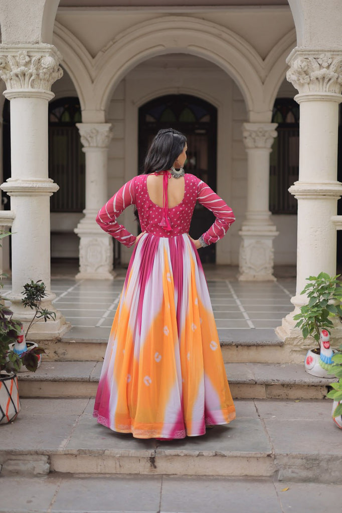 Pink Faux Georgette Bandhej Print Gown with Gamthi Embroidery & Mirror Work ClothsVilla