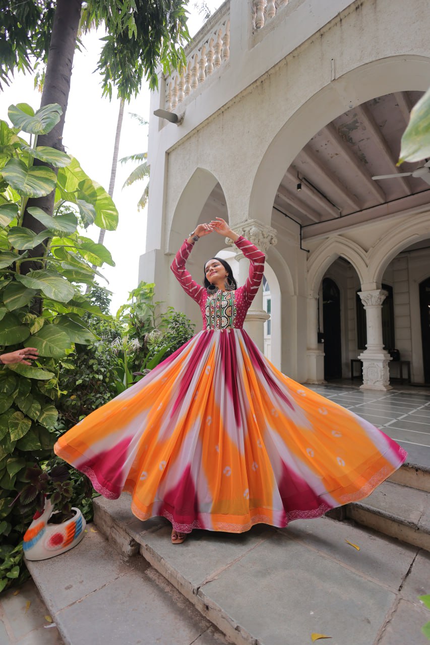 Pink Faux Georgette Bandhej Print Gown with Gamthi Embroidery & Mirror Work ClothsVilla