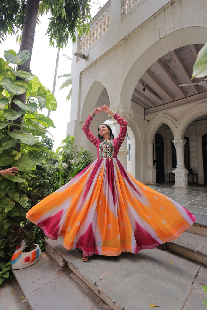 Pink Faux Georgette Bandhej Print Gown with Gamthi Embroidery & Mirror Work ClothsVilla