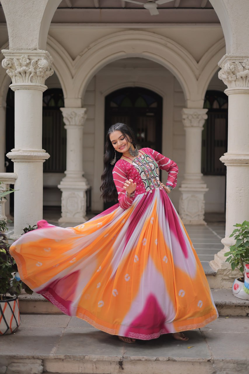 Pink Faux Georgette Bandhej Print Gown with Gamthi Embroidery & Mirror Work ClothsVilla