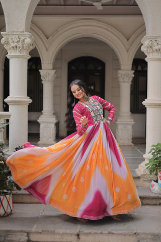 Pink Faux Georgette Bandhej Print Gown with Gamthi Embroidery & Mirror Work ClothsVilla