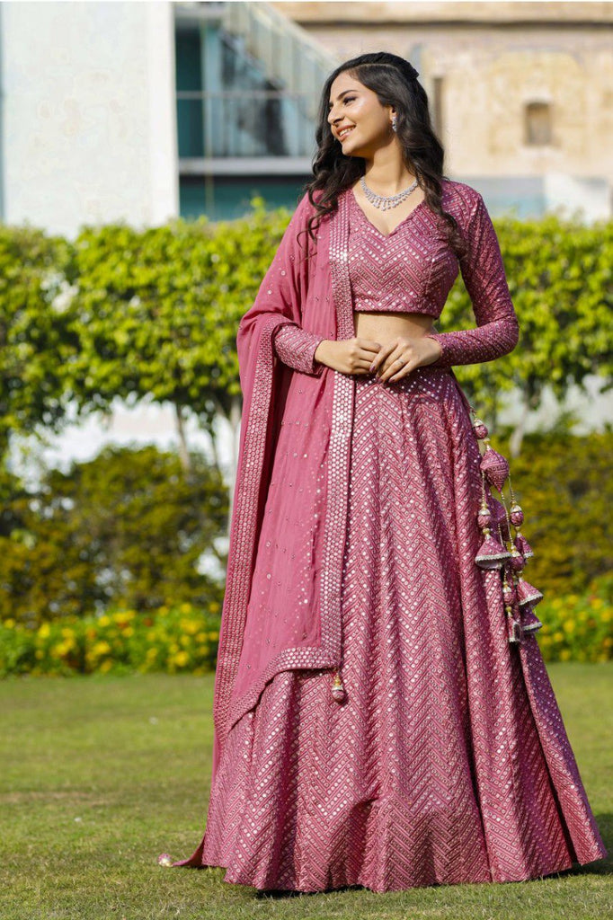 Pink Faux Georgette Lehenga Set with 9mm Sequins & Thread Embroidery – Semi-Stitched with Dupatta ClothsVilla