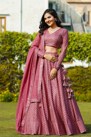 Pink Faux Georgette Lehenga Set with 9mm Sequins & Thread Embroidery – Semi-Stitched with Dupatta ClothsVilla