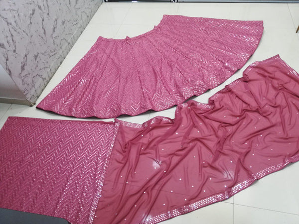 Pink Faux Georgette Lehenga Set with 9mm Sequins & Thread Embroidery – Semi-Stitched with Dupatta ClothsVilla