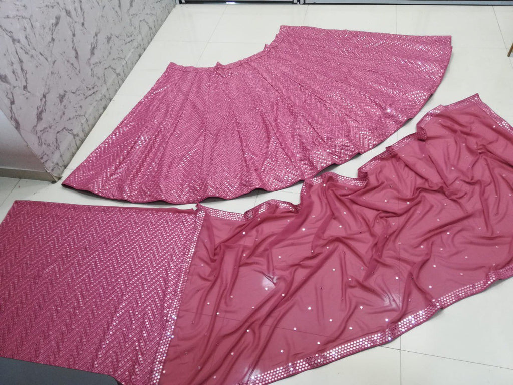 Pink Faux Georgette Lehenga Set with 9mm Sequins & Thread Embroidery – Semi-Stitched with Dupatta ClothsVilla