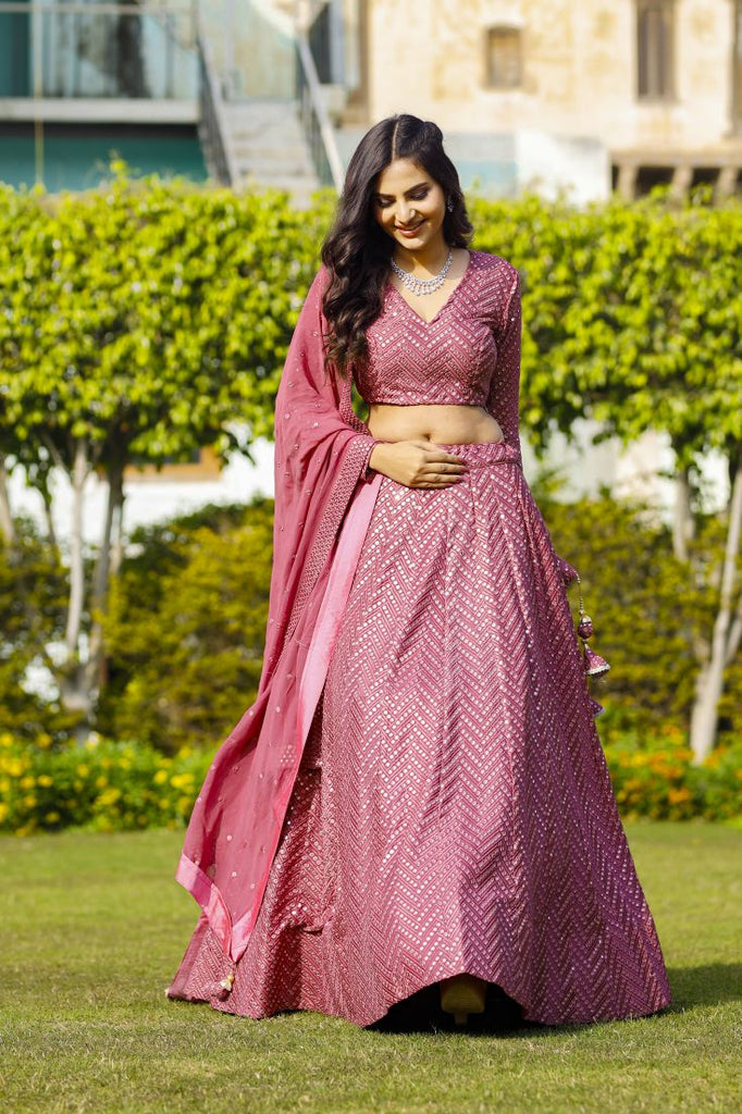 Pink Faux Georgette Lehenga Set with 9mm Sequins & Thread Embroidery – Semi-Stitched with Dupatta ClothsVilla