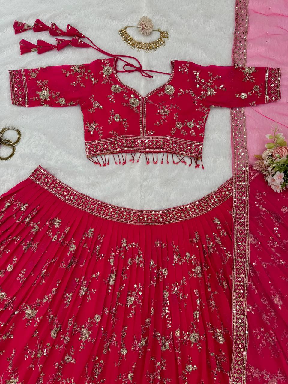Pink Faux Georgette Thread & Sequin Embroidered Lehenga Choli Set with Fancy Dupatta ClothsVilla