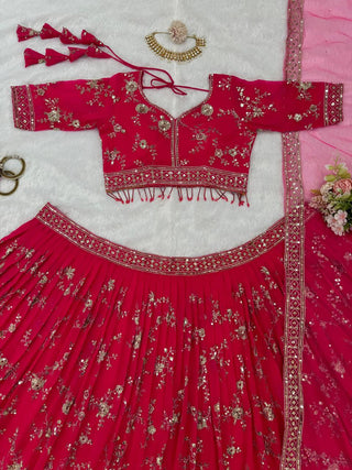 Pink Faux Georgette Thread & Sequin Embroidered Lehenga Choli Set with Fancy Dupatta ClothsVilla