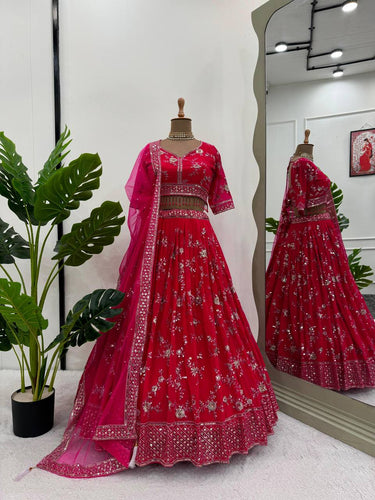 Pink Faux Georgette Thread & Sequin Embroidered Lehenga Choli Set with Fancy Dupatta ClothsVilla