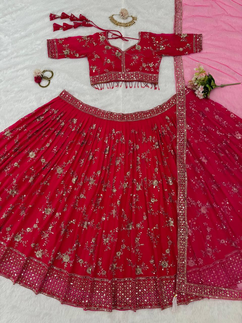Pink Faux Georgette Thread & Sequin Embroidered Lehenga Choli Set with Fancy Dupatta ClothsVilla