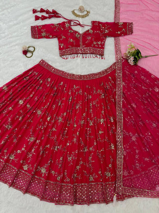 Pink Faux Georgette Thread & Sequin Embroidered Lehenga Choli Set with Fancy Dupatta ClothsVilla
