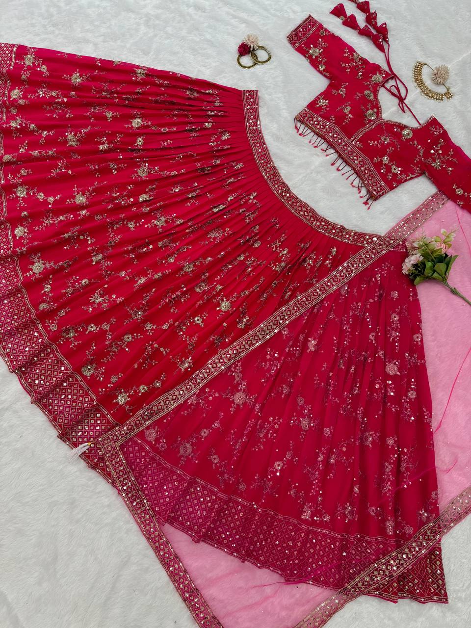 Pink Faux Georgette Thread & Sequin Embroidered Lehenga Choli Set with Fancy Dupatta ClothsVilla