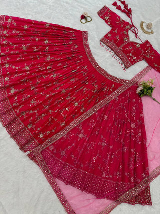 Pink Faux Georgette Thread & Sequin Embroidered Lehenga Choli Set with Fancy Dupatta ClothsVilla