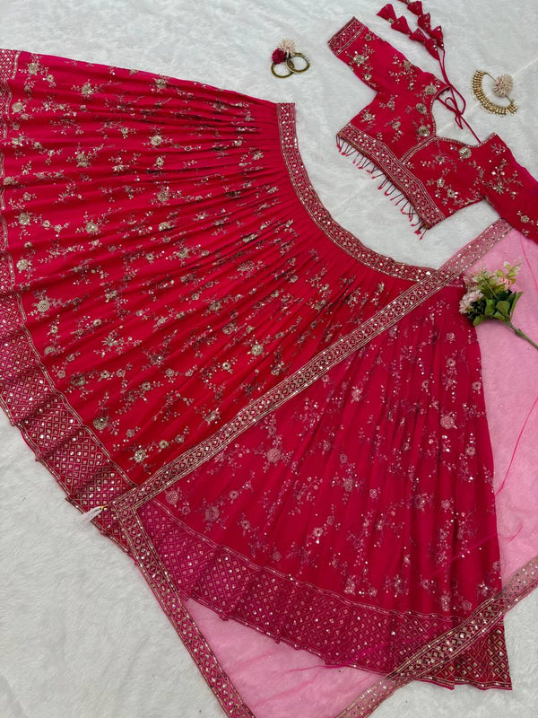 Pink Faux Georgette Thread & Sequin Embroidered Lehenga Choli Set with Fancy Dupatta ClothsVilla