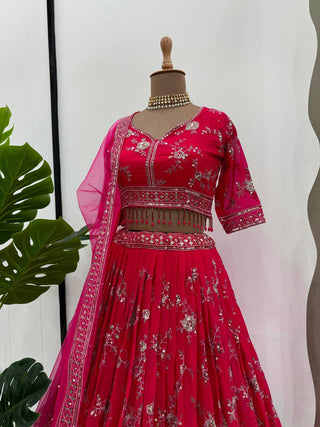 Pink Faux Georgette Thread & Sequin Embroidered Lehenga Choli Set with Fancy Dupatta ClothsVilla
