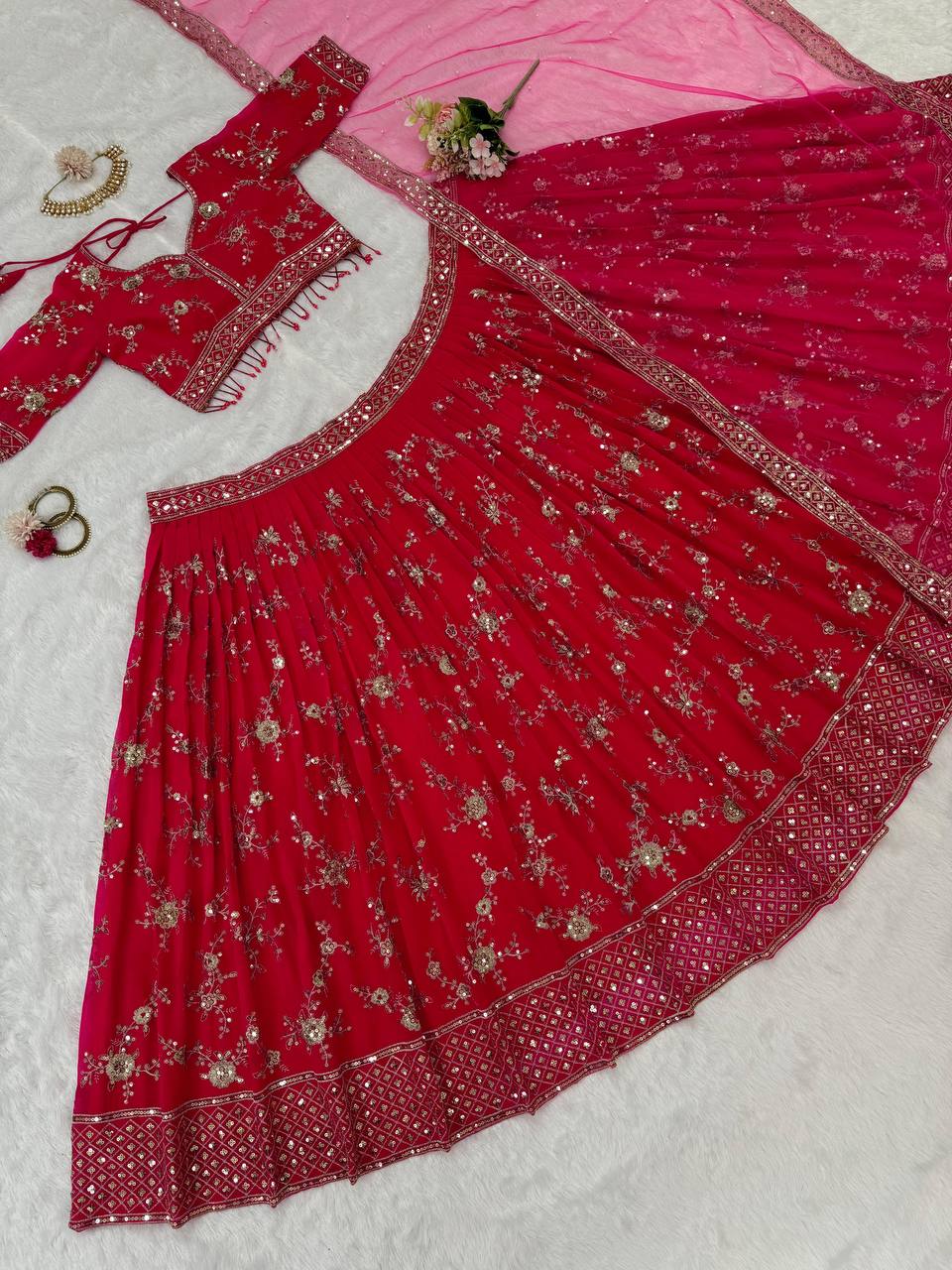 Pink Faux Georgette Thread & Sequin Embroidered Lehenga Choli Set with Fancy Dupatta ClothsVilla
