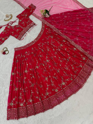 Pink Faux Georgette Thread & Sequin Embroidered Lehenga Choli Set with Fancy Dupatta ClothsVilla