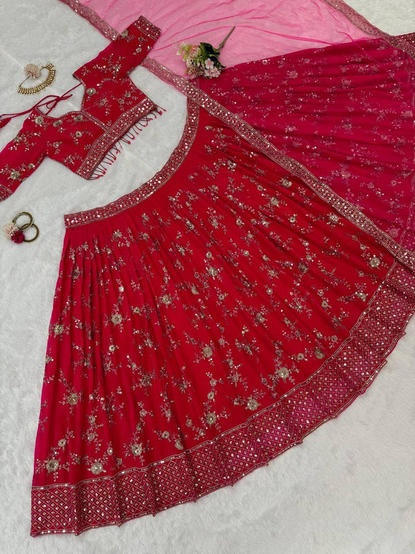 Pink Faux Georgette Thread & Sequin Embroidered Lehenga Choli Set with Fancy Dupatta ClothsVilla