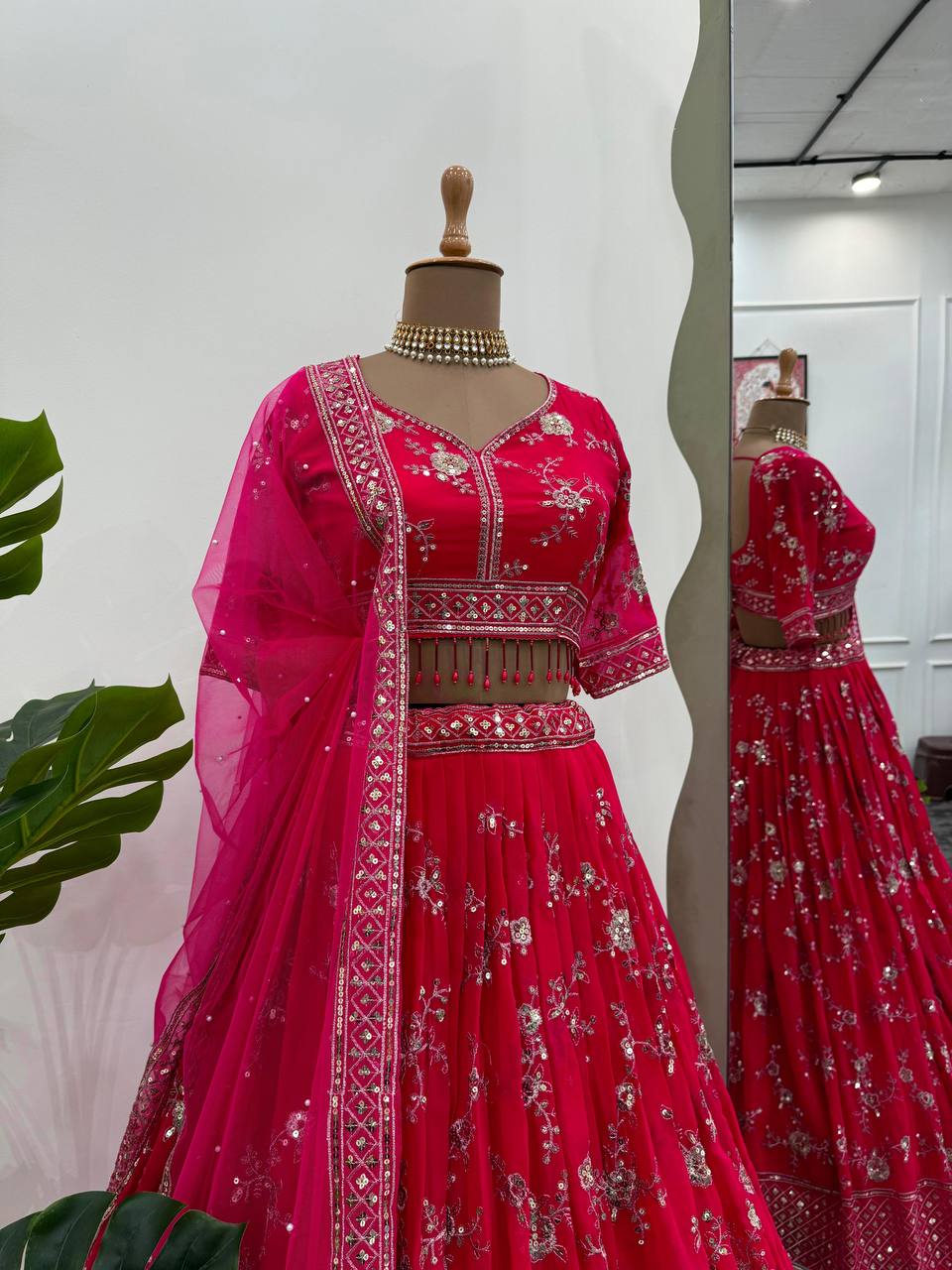 Pink Faux Georgette Thread & Sequin Embroidered Lehenga Choli Set with Fancy Dupatta ClothsVilla