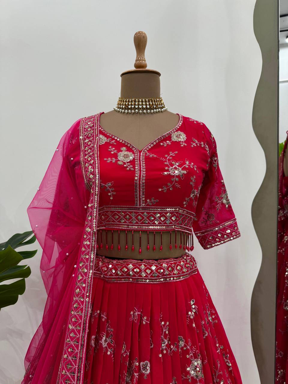 Pink Faux Georgette Thread & Sequin Embroidered Lehenga Choli Set with Fancy Dupatta ClothsVilla