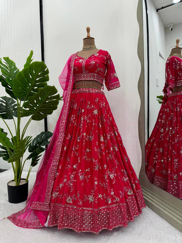 Pink Faux Georgette Thread & Sequin Embroidered Lehenga Choli Set with Fancy Dupatta ClothsVilla