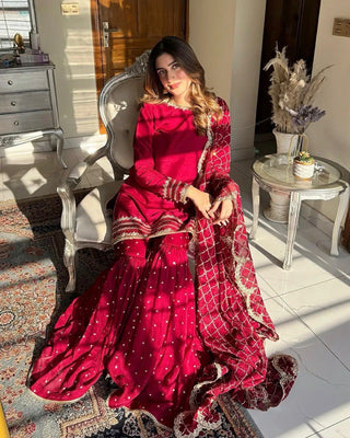 Pink Faux Georgette Thread & Sequin Embroidered Sharara Set with Dupatta ClothsVilla