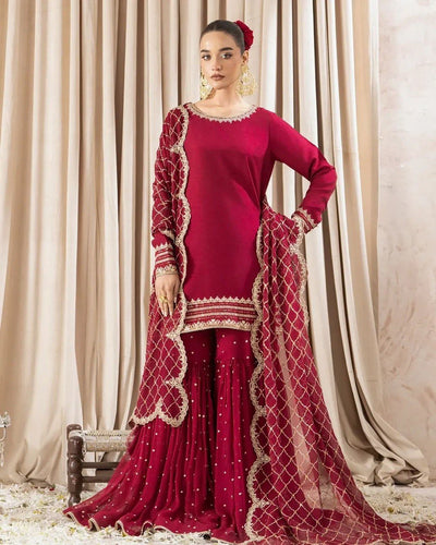 Pink Faux Georgette Thread & Sequin Embroidered Sharara Set with Dupatta ClothsVilla