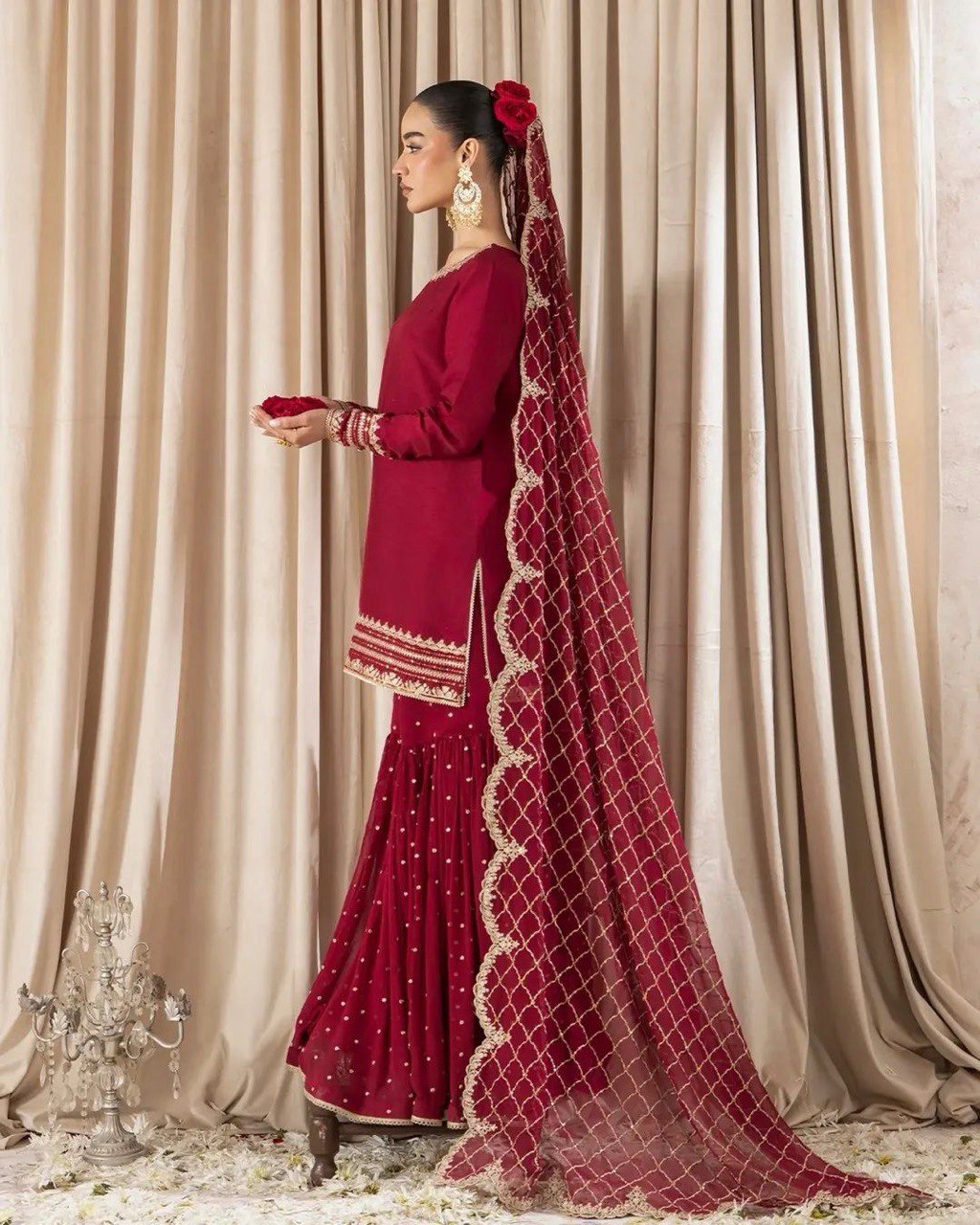 Pink Faux Georgette Thread & Sequin Embroidered Sharara Set with Dupatta Secondary image