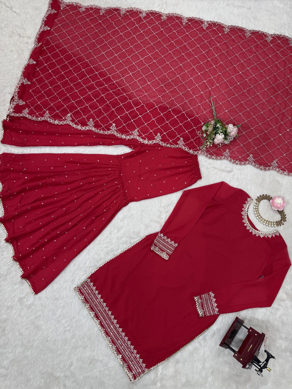 Pink Faux Georgette Thread & Sequin Embroidered Sharara Set with Dupatta ClothsVilla