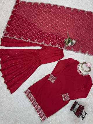 Pink Faux Georgette Thread & Sequin Embroidered Sharara Set with Dupatta ClothsVilla