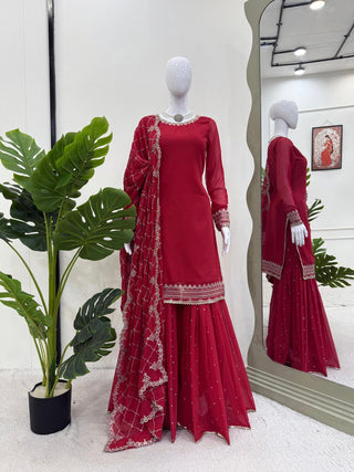 Pink Faux Georgette Thread & Sequin Embroidered Sharara Set with Dupatta ClothsVilla